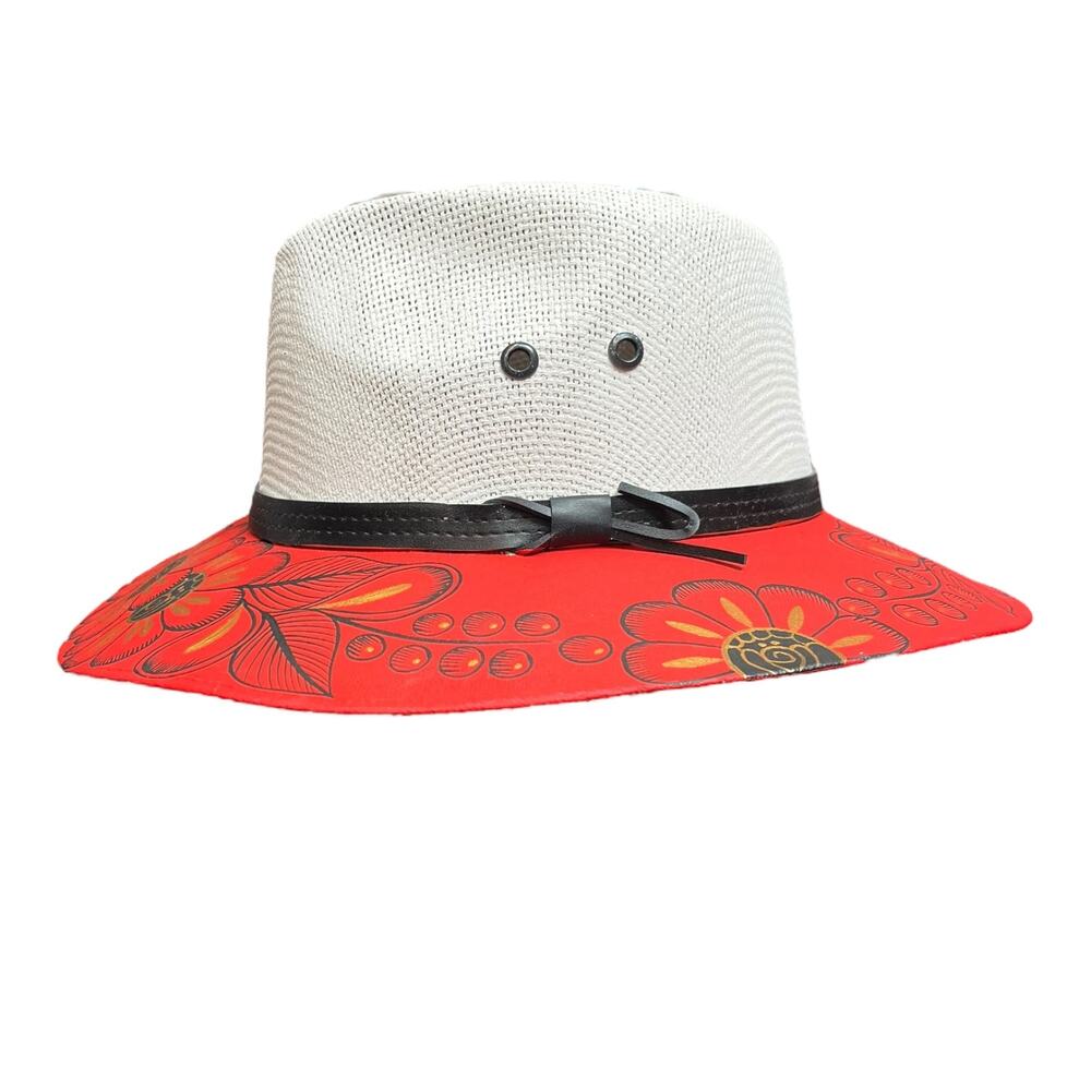 HAT MEXICAN Artisanal Hand Painted Fedora Floral Sombrero Panama Bohemian Red - Picture 5 of 6